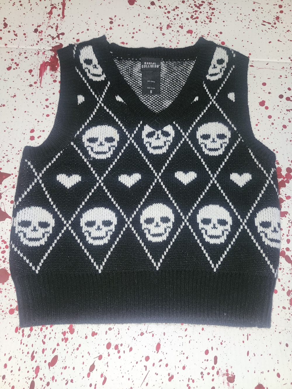 Skull Argyle V-Neck Knit Vest - Black and White